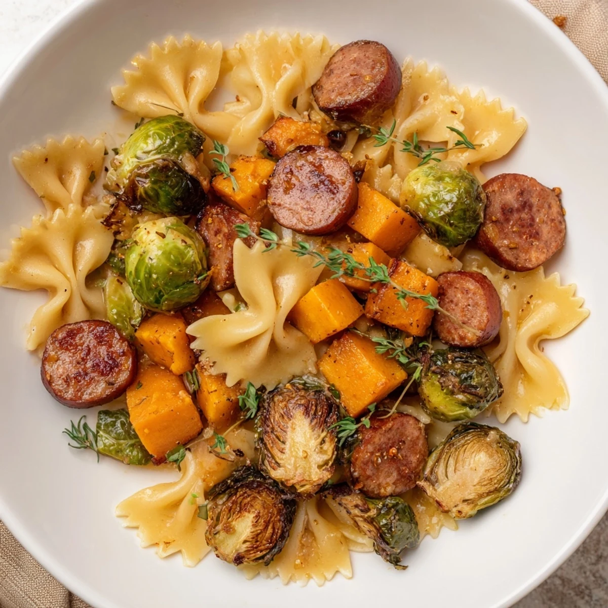 Savory Autumn Sausage Pasta Squash with tender pasta, sausage, and colorful fall vegetables, ready to serve.