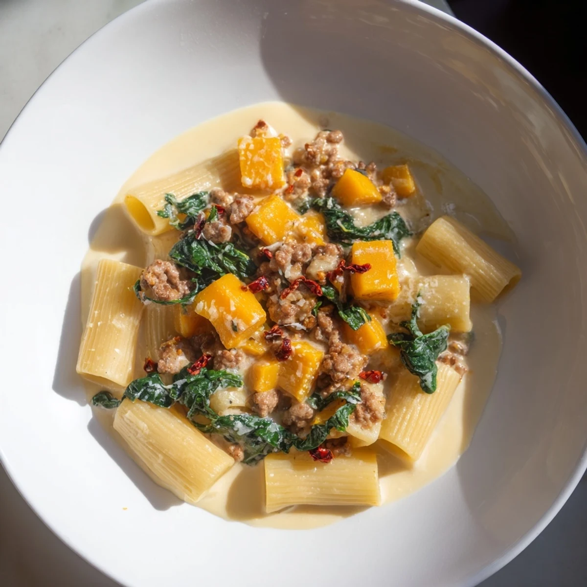 Creamy Rigatoni with Butternut Squash, a warm bowl of pasta with sausage and Parmesan cheese.