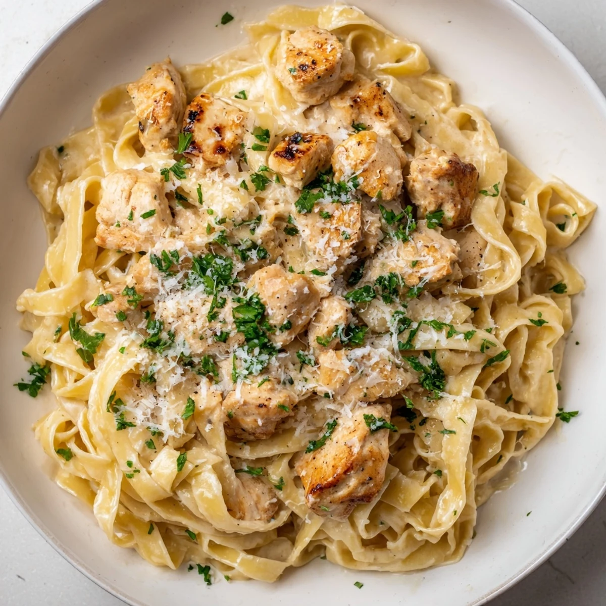 Creamy Cowboy Butter Chicken Pasta: a close-up showcasing the rich, buttery sauce over fettuccine noodles with tender chicken.