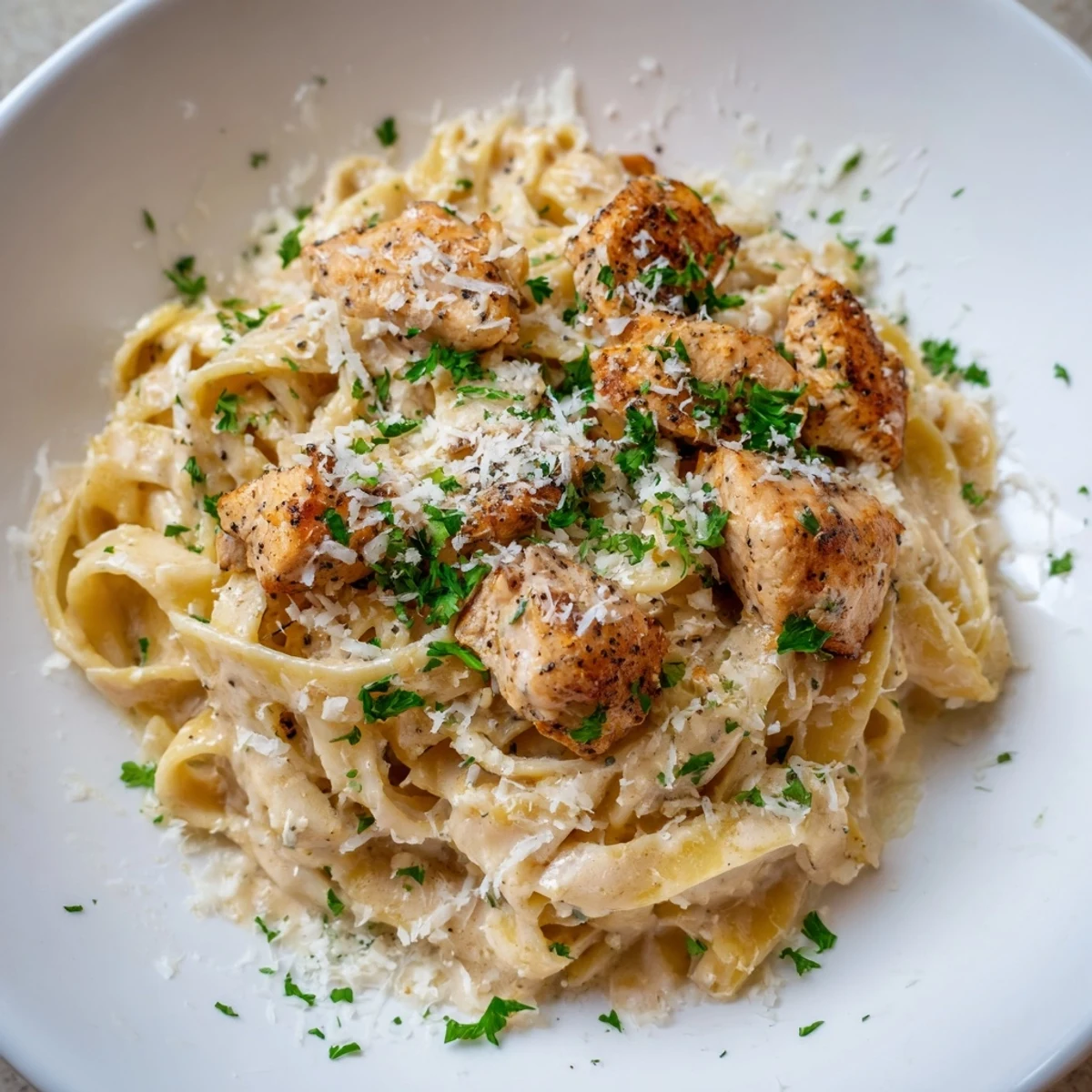 Savory Cowboy Butter Chicken Pasta: a comforting plate with Parmesan cheese, parsley, and perfectly cooked chicken pieces in every bite.