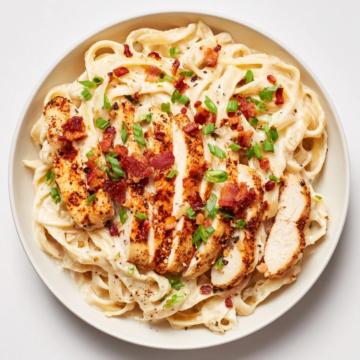 Golden-brown chicken tops the creamy pasta; a Southern Style Creamy Parmesan Chicken Pasta close-up.