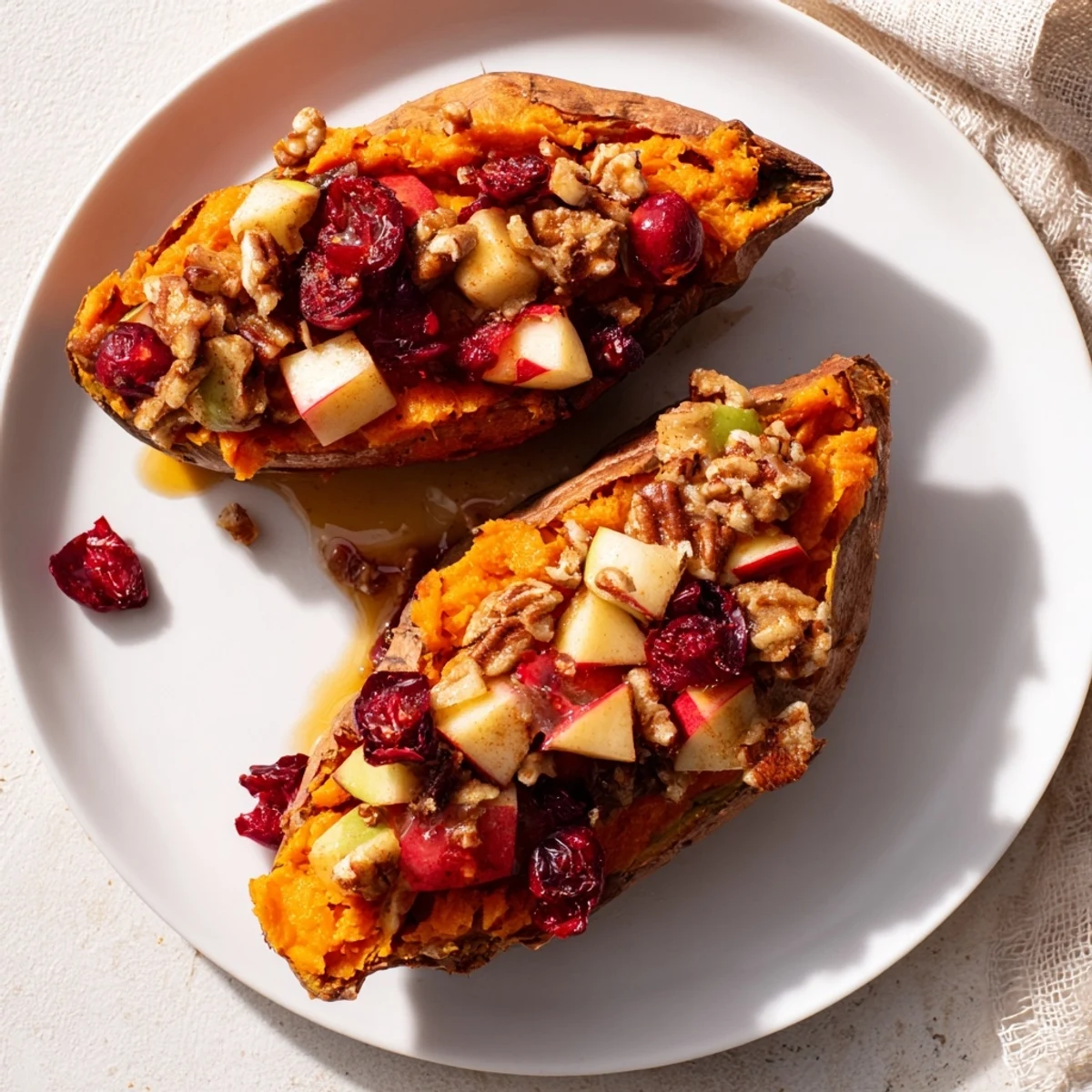 Close-up of vibrant Cranberry Apple Twice-Baked Sweet Potatoes, showcasing sweet and savory flavors.
