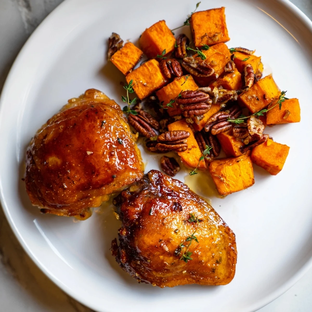 Golden, glistening maple glazed chicken thighs roasted with sweet potatoes, perfect for dinner.