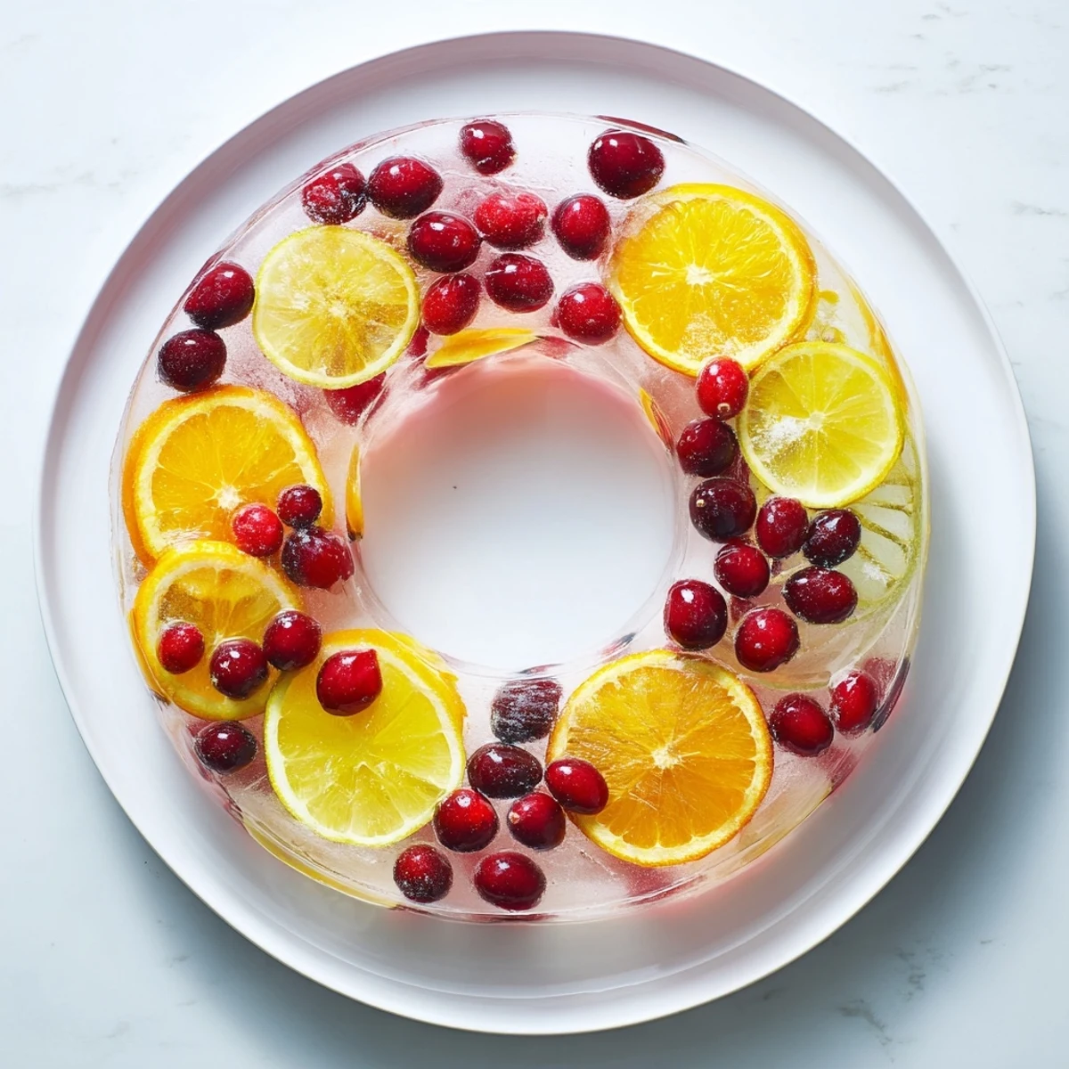 A refreshing close-up of the Quick Holiday Punch with Ice Ring, with frosty edges, perfect for parties.