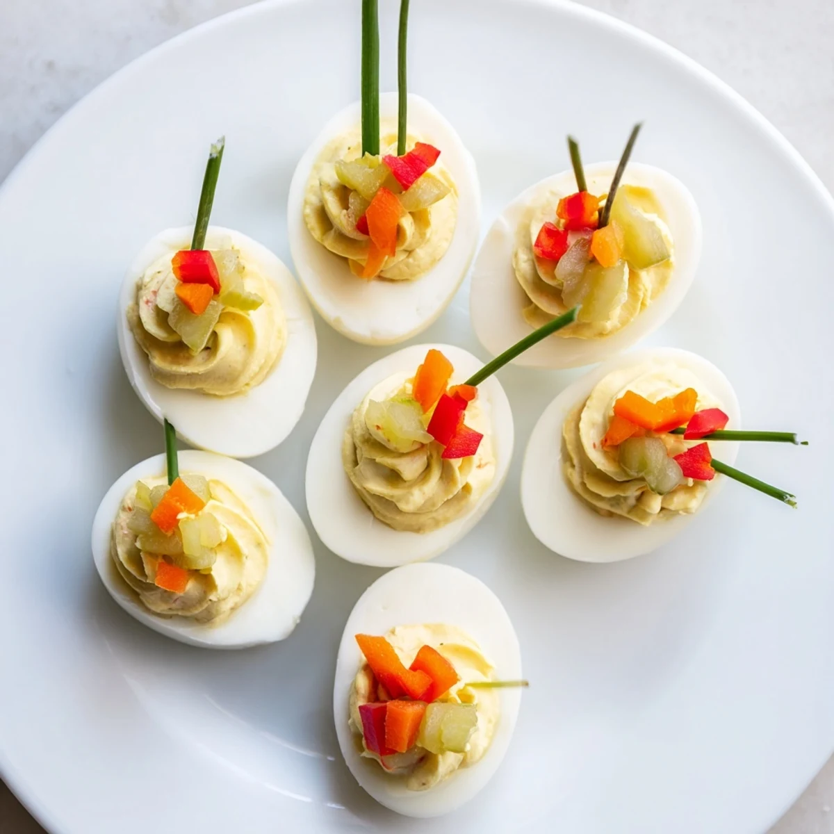 Vibrant festive deviled egg ornaments, decorated with fresh chives, a flavorful and fun appetizer for everyone.