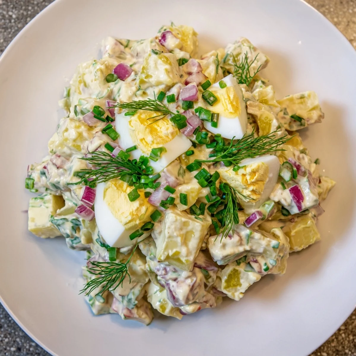 See a bowl of vibrant chopped egg and potato salad, perfectly seasoned, ideal for outdoor dining.