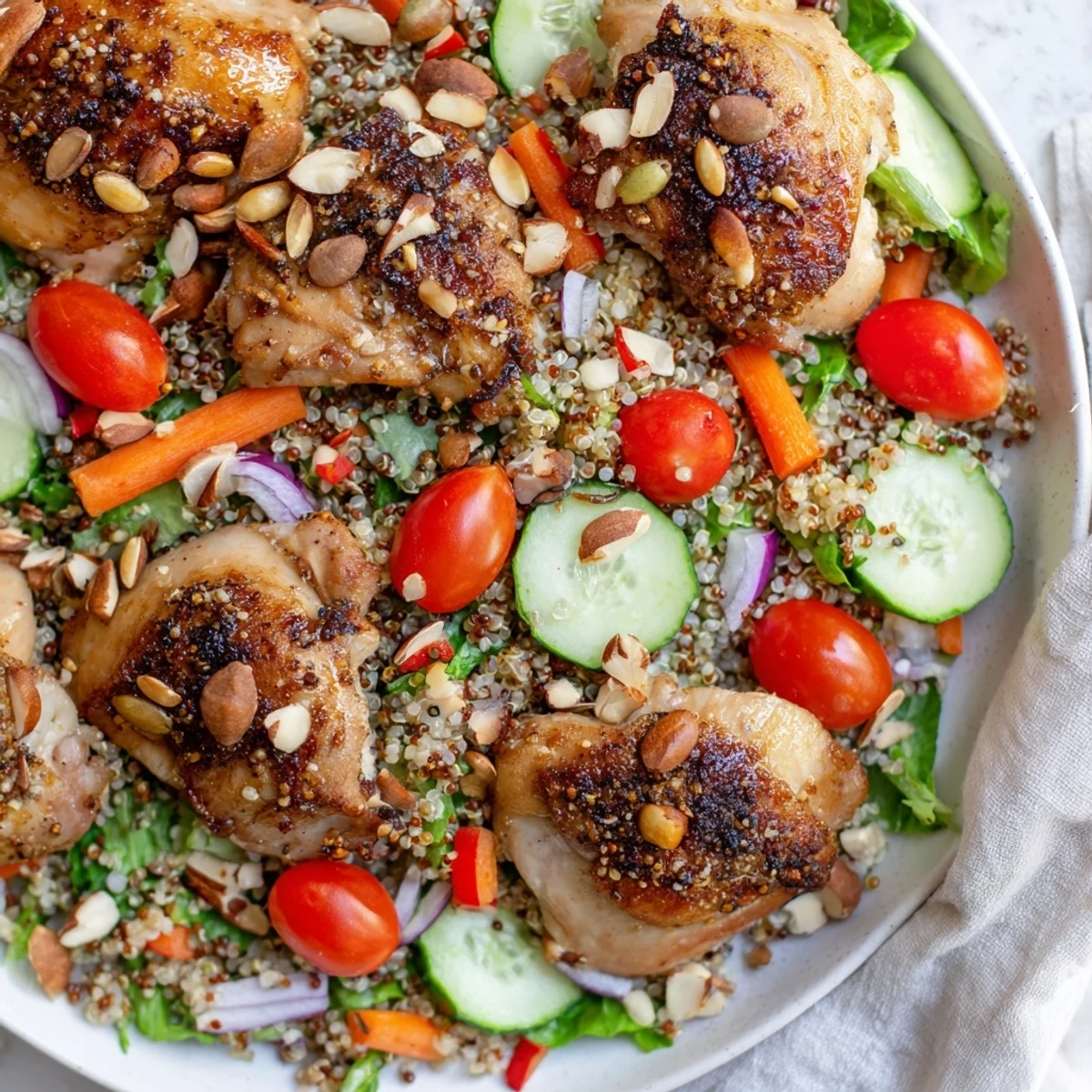 Vibrant Crunchy Quinoa Chicken Salad with golden chicken, colorful veggies, and a zesty lemon dressing.