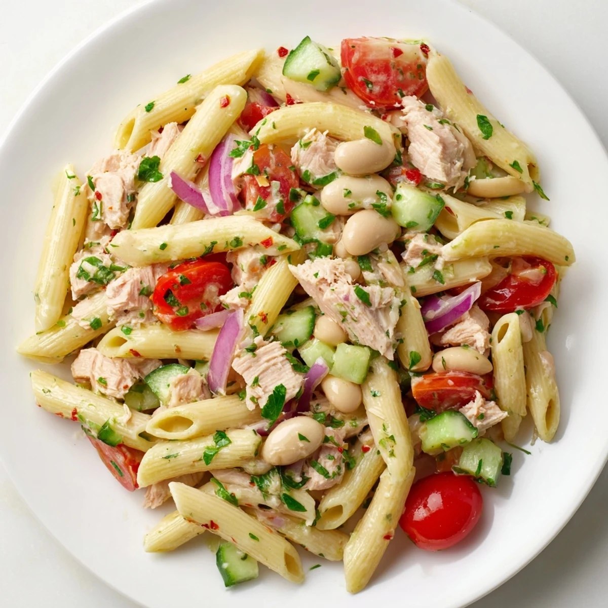 A colorful bowl of Spicy Tuna and White Bean Pasta Salad, perfect for a summer lunch.