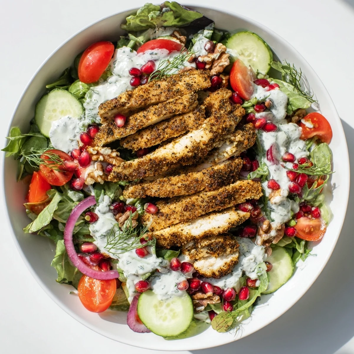 Sizzling black pepper chicken atop a vibrant salad with a creamy yogurt dressing, a delicious holiday meal.