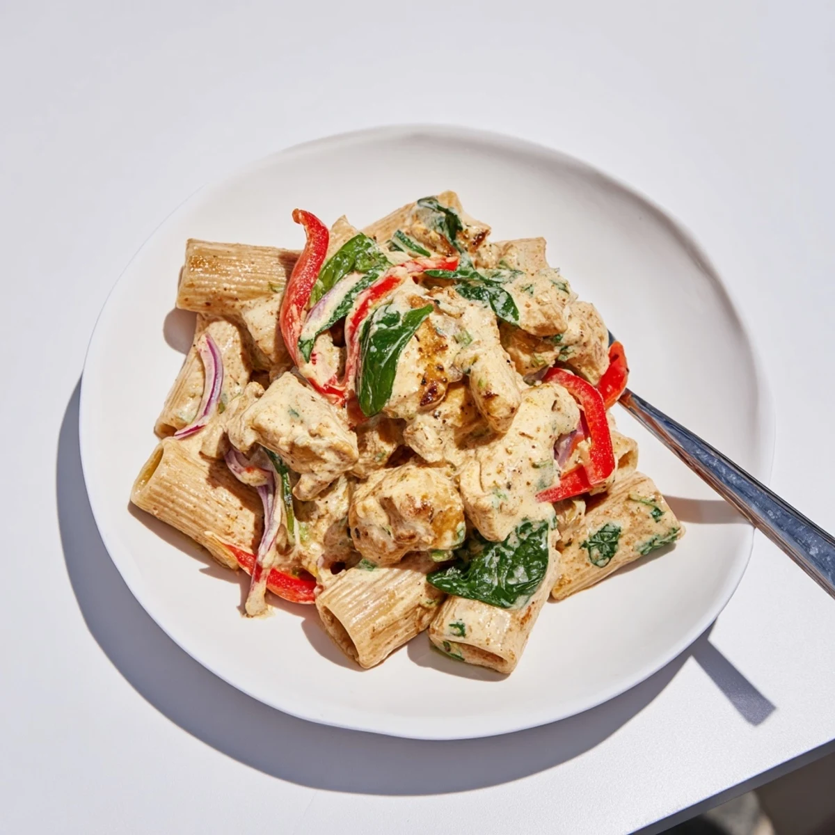 Creamy Cajun Dirty Snow Chicken Pasta, steaming hot, filled with bell peppers and tender chicken.