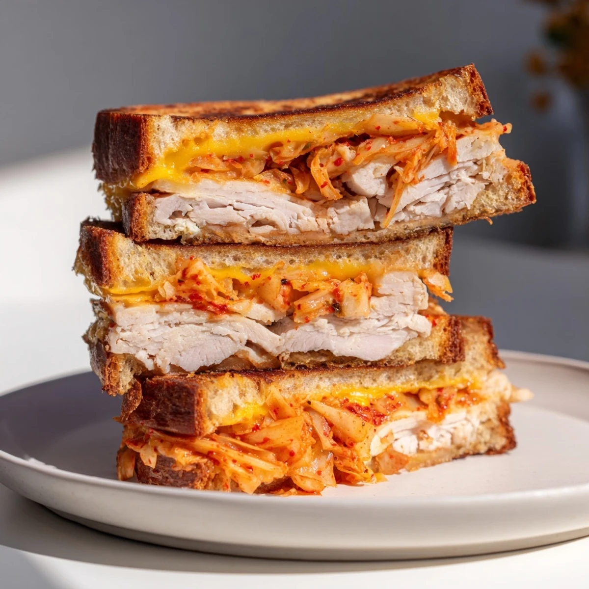 Warm, bubbling cheese and savory kimchi compliment this flavorful Kimchi Turkey & Cheddar sandwich.