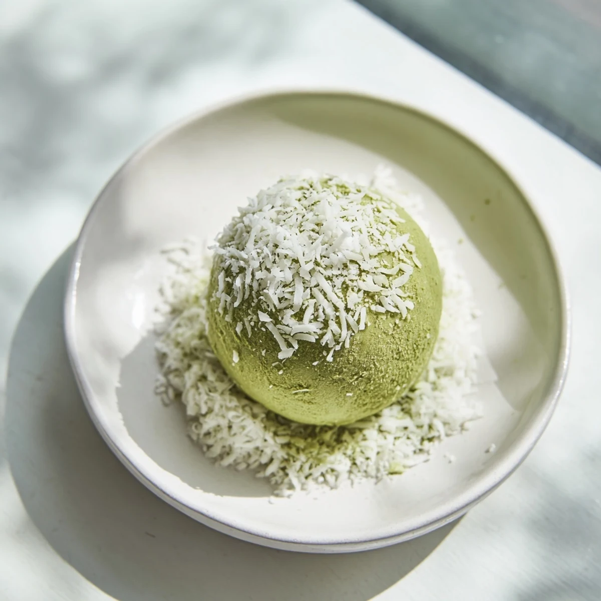 Freshly made Coconut Matcha Snowball Fat Bombs glistening, ready to serve as a refreshing dessert.