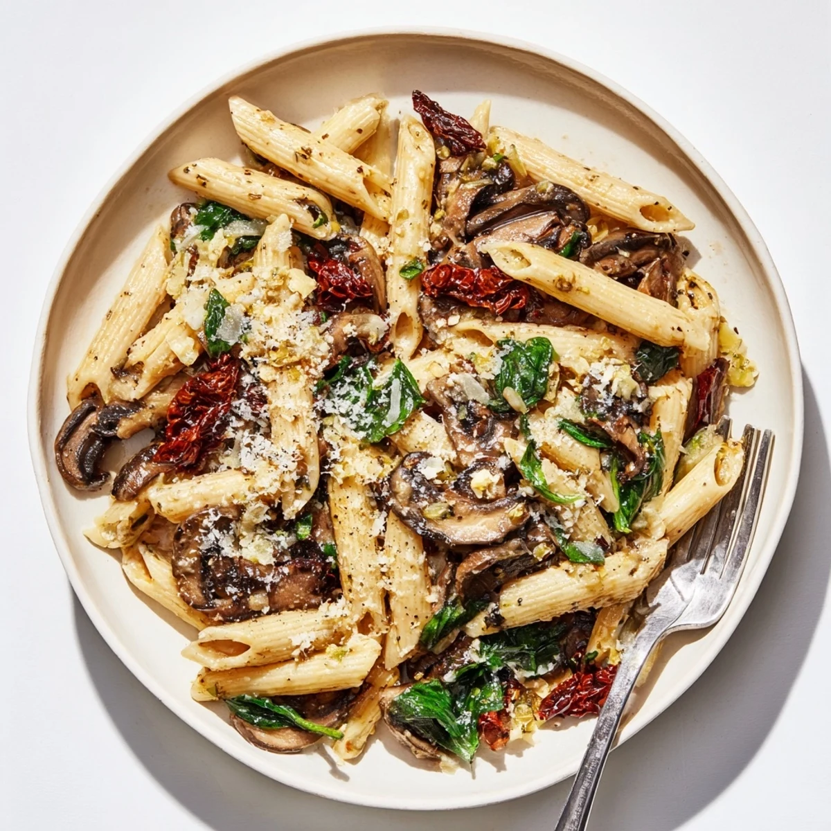 A steaming skillet of creamy sun-dried tomato mushroom penne, rich and inviting, ready to serve.
