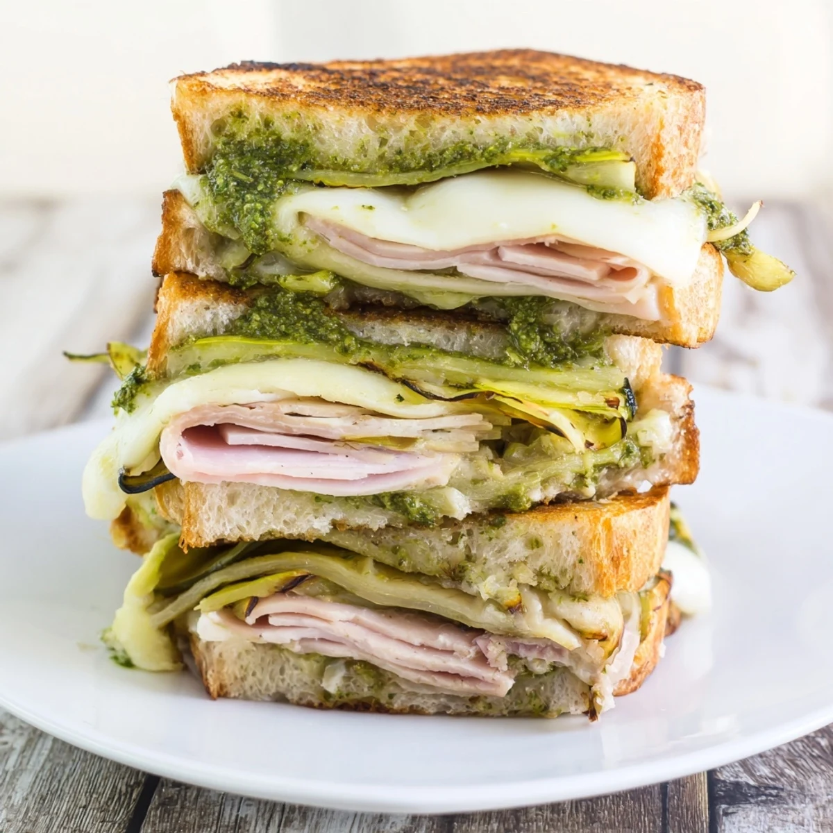Golden-brown Pesto Turkey Zucchini Grilled Cheese Stacks, oozing cheese, perfect for a cozy lunch.