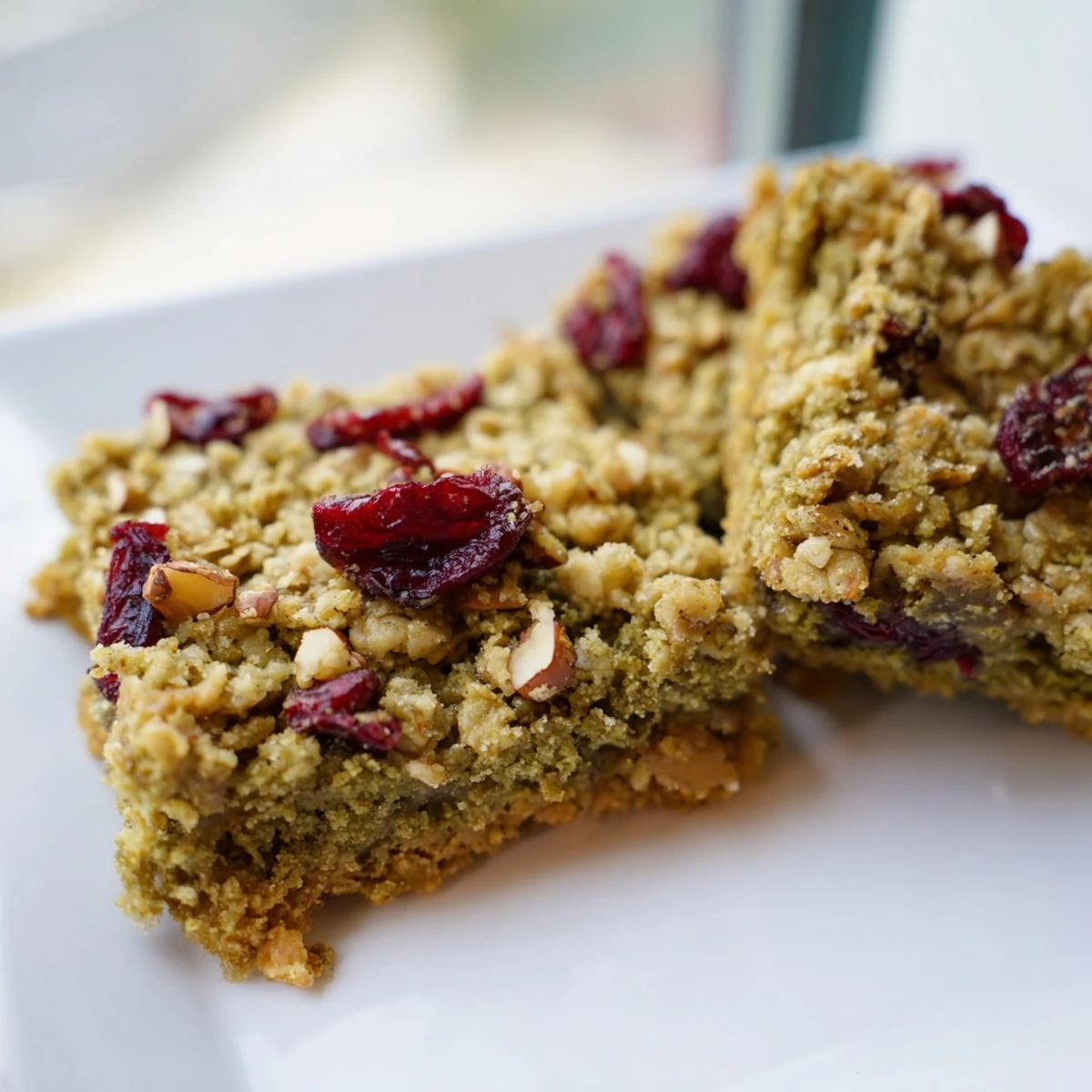 Golden-topped Matcha Cranberry Oat Crumble Breakfast Bars, a wholesome and energizing treat perfect for busy mornings.