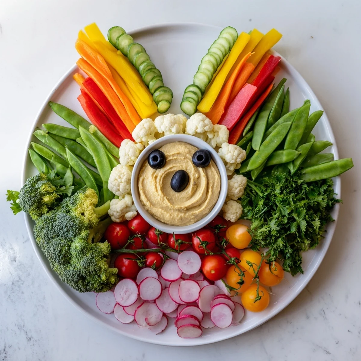 This Bunny Meadow Veggie Board features a playful arrangement of colorful vegetables for a healthy appetizer.