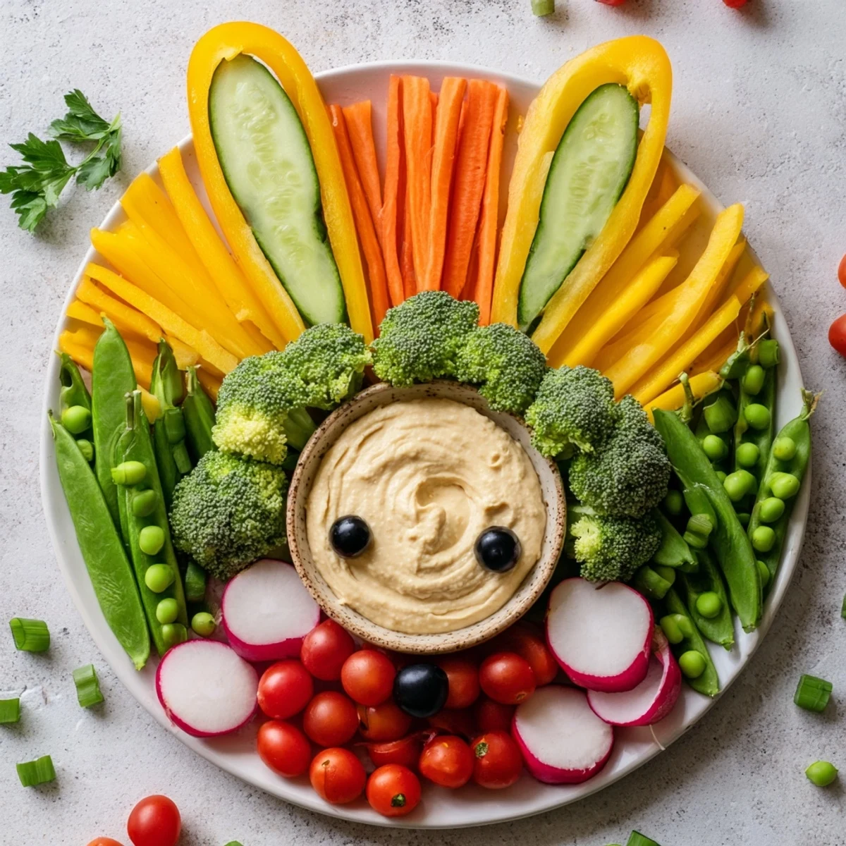 Create a cheerful Bunny Meadow Veggie Board with carrots, peas, and tomatoes for a spring-themed snack.