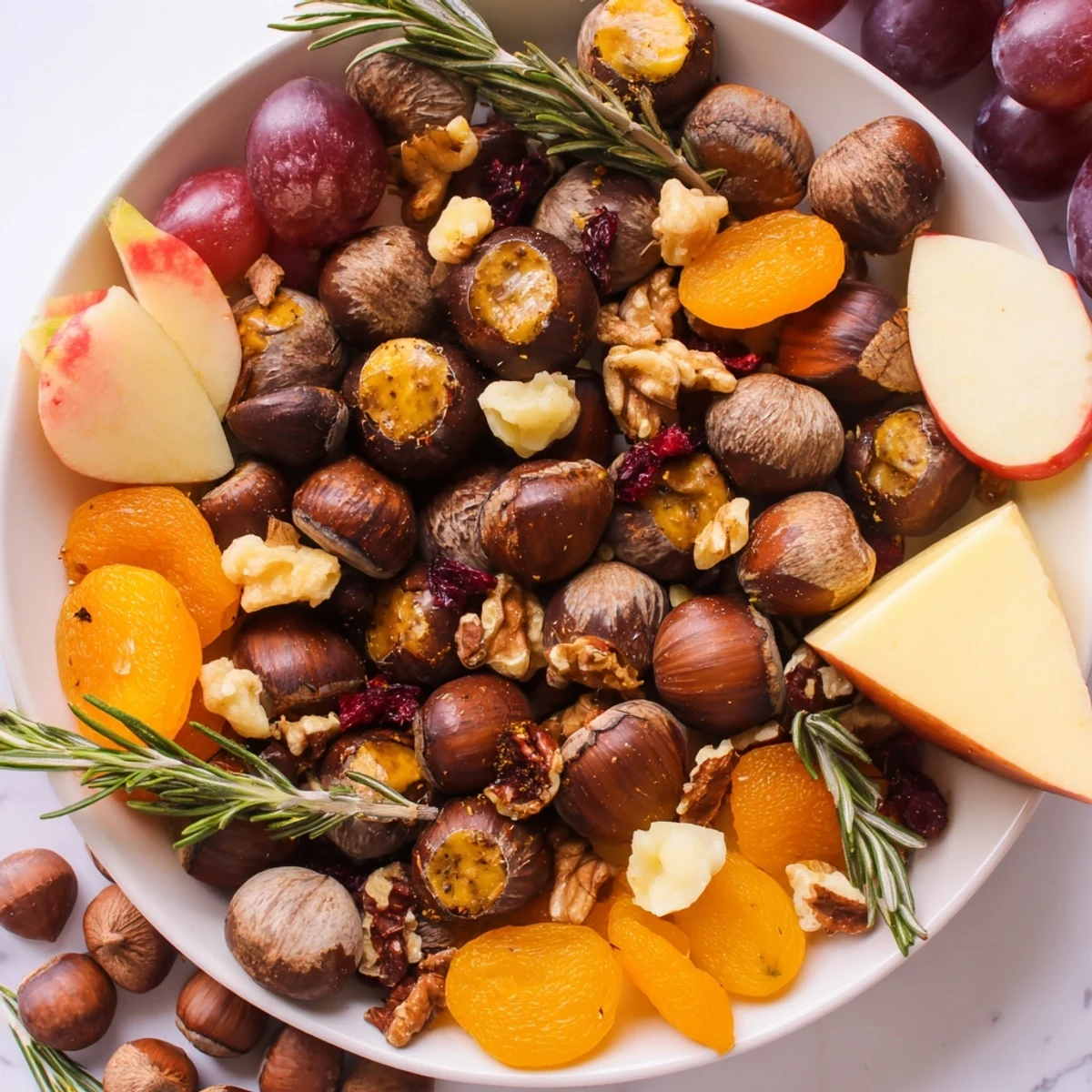 Golden roasted acorns from the Squirrels Acorn Hoard Platter mingle with savory cheeses and dried fruits.