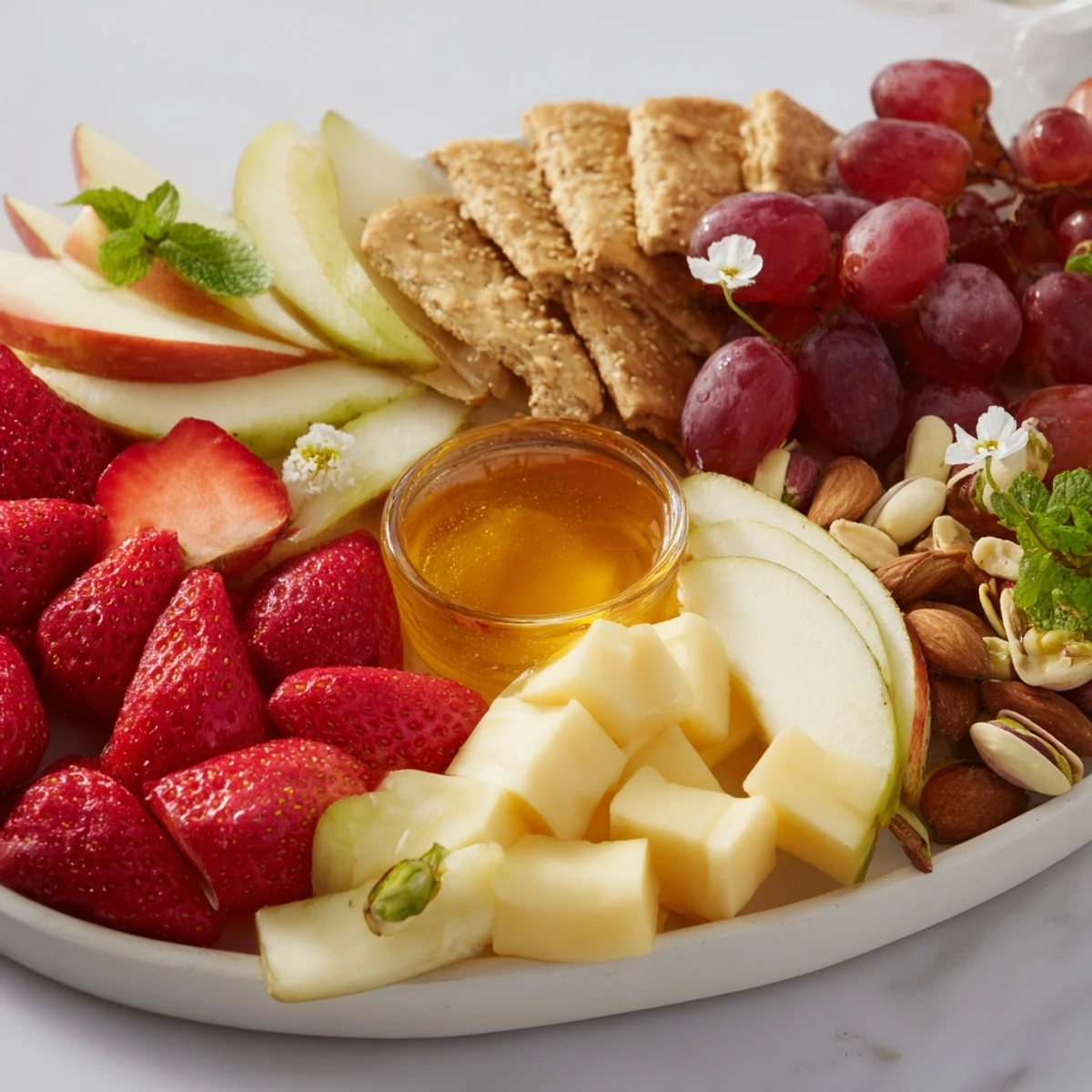 A colorful Bears Honey Pot Board, a delightful appetizer with fresh fruit, cheeses, and honey.
