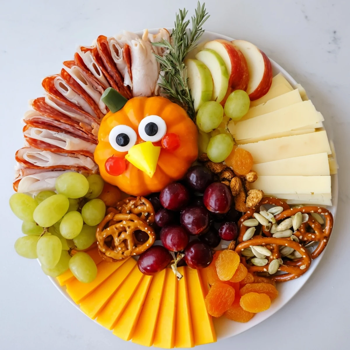 A beautifully arranged Wheat Field Thanksgiving Turkey Board loaded with cheese, meats, and fruit.