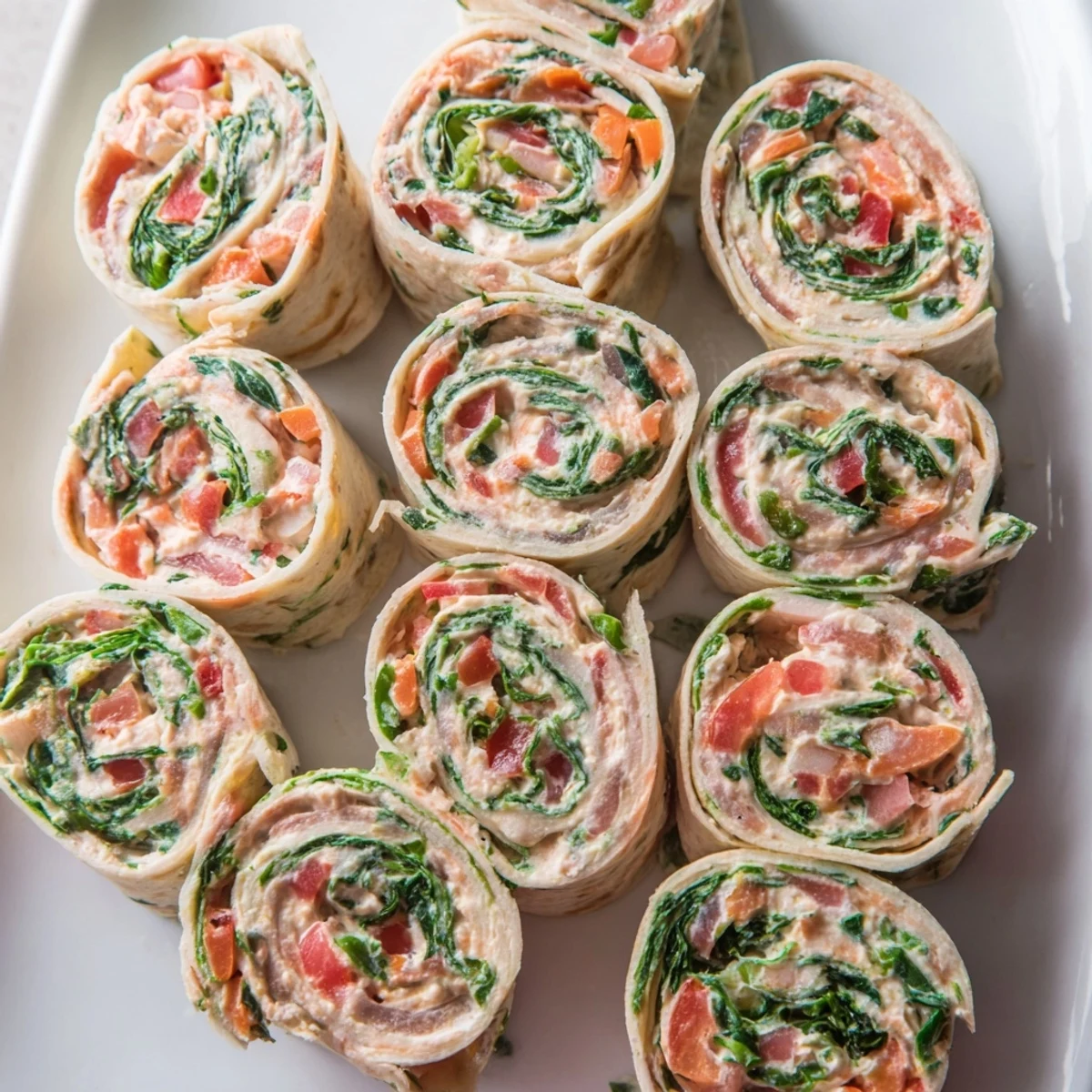 Freshly sliced Cozy Scarf Holiday Pinwheel Wraps offer a vibrant array of colors, ideal for a holiday party spread.