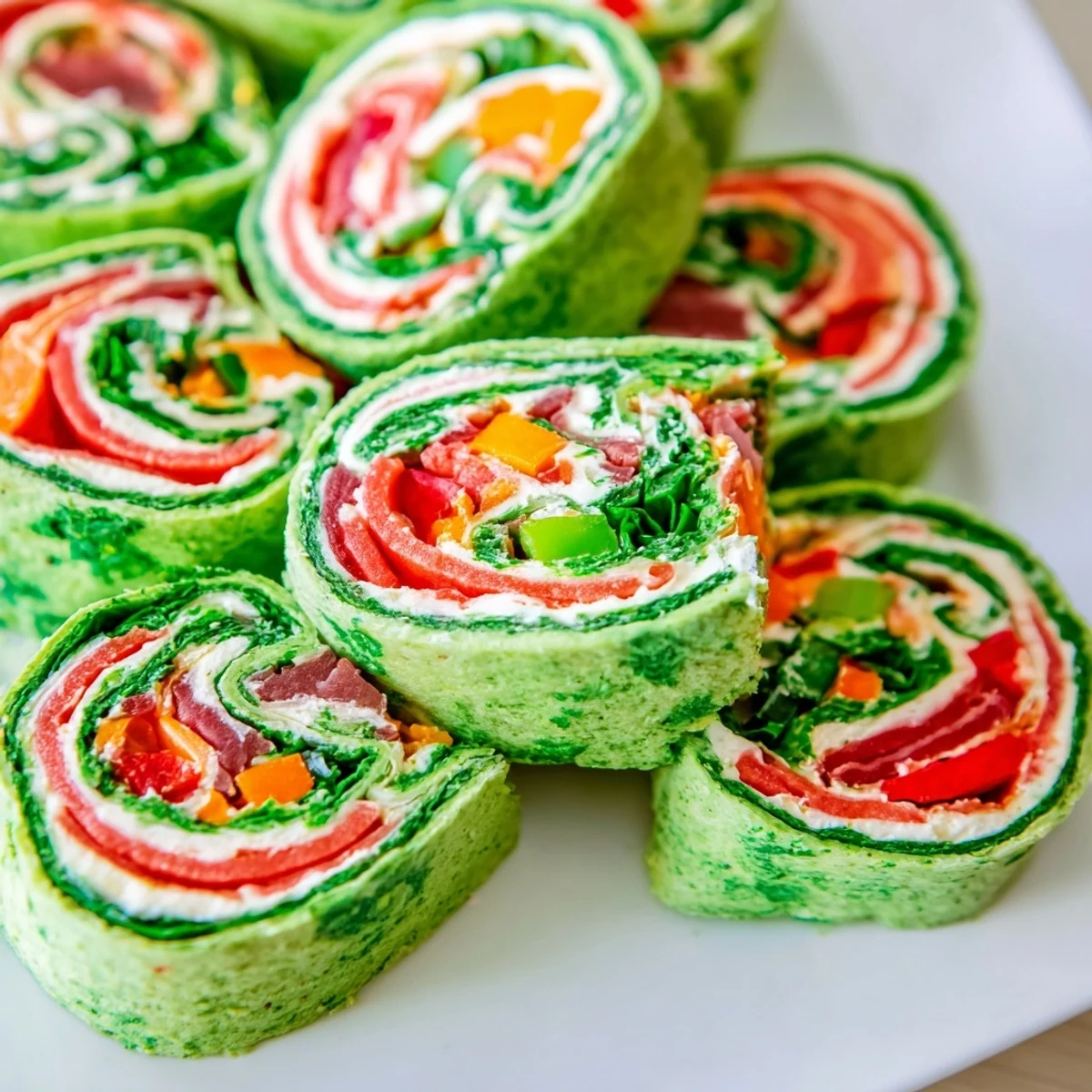 These Cozy Scarf Holiday Pinwheel Wraps show off a delightful cross-section, with inviting layers of vegetables.