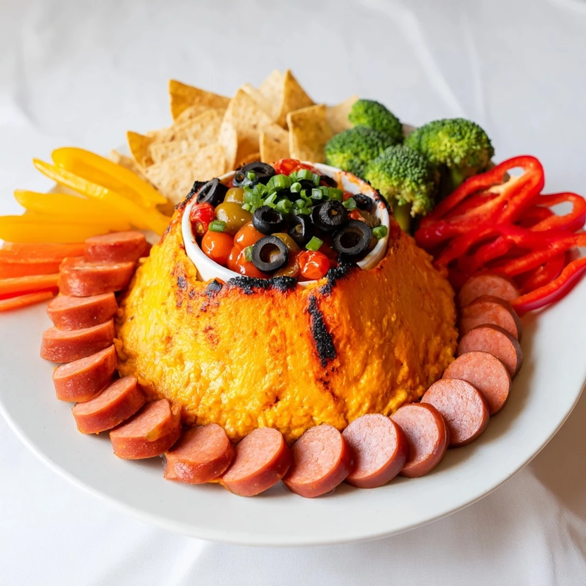 Vibrant Lava Flow Volcano Dip platter with cheesy, bubbling cheese and colorful vegetables surrounding it.