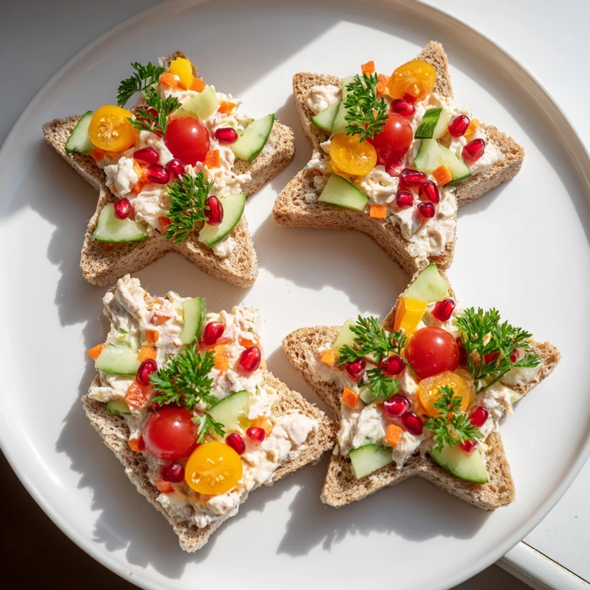 Freshly made Crown Jewels sandwiches, visually stunning with stars of bread and jewels of vegetables, perfect snack.