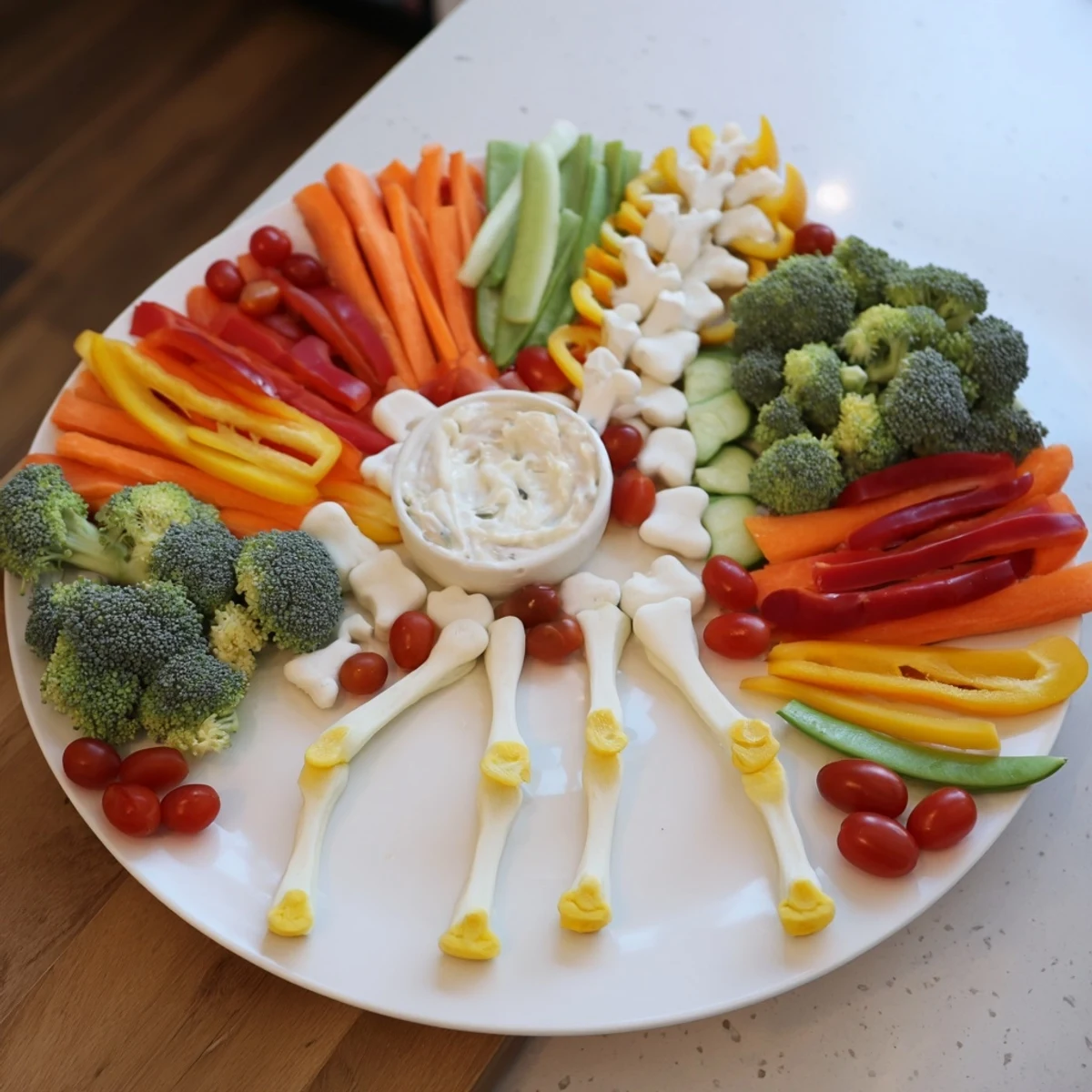 Fresh platter of Dino-Mite Dinosaur Fossil Crudités featuring broccoli "vertebrae" and juicy cherry tomatoes.