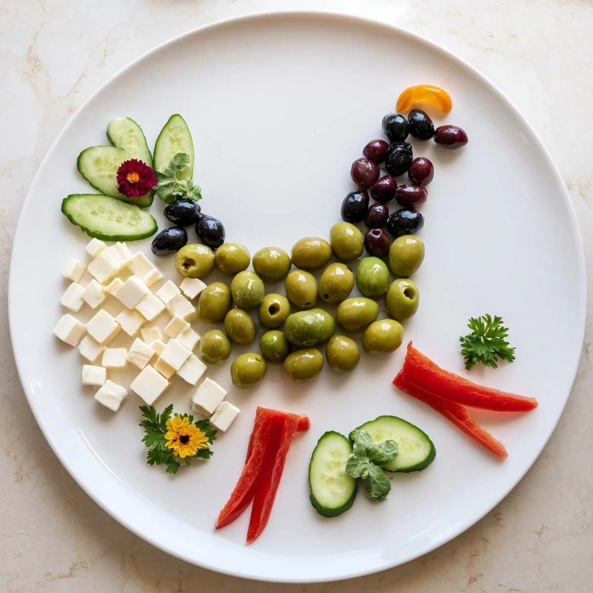 Beautiful Colombe de la Paix Olive Platter with olives, cheeses, and colorful fresh vegetables arranged for an appetizer.