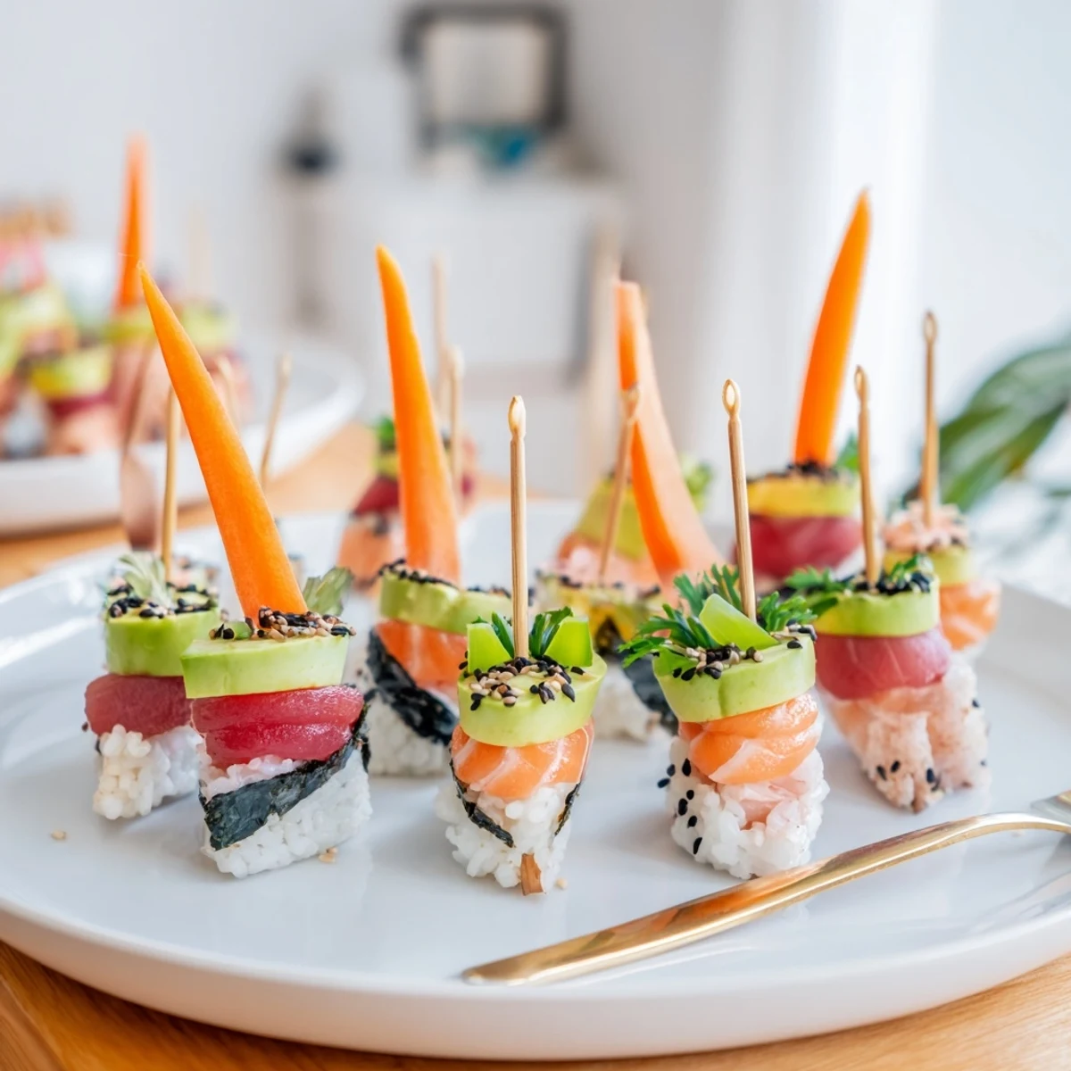 Delectable sushi boats, Sushi Sailboats at Sea, ready to sail with tuna, salmon, and avocado.