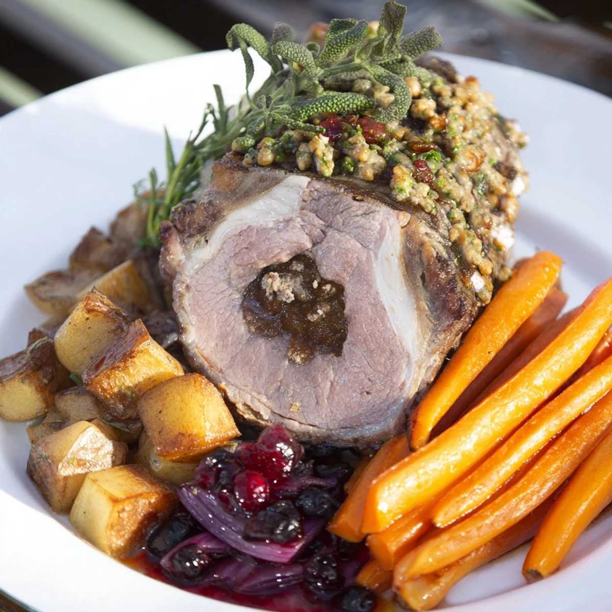 A beautifully arranged harvest turkey platter showcasing tender turkey, vibrant roasted vegetables, and cranberry sauce.