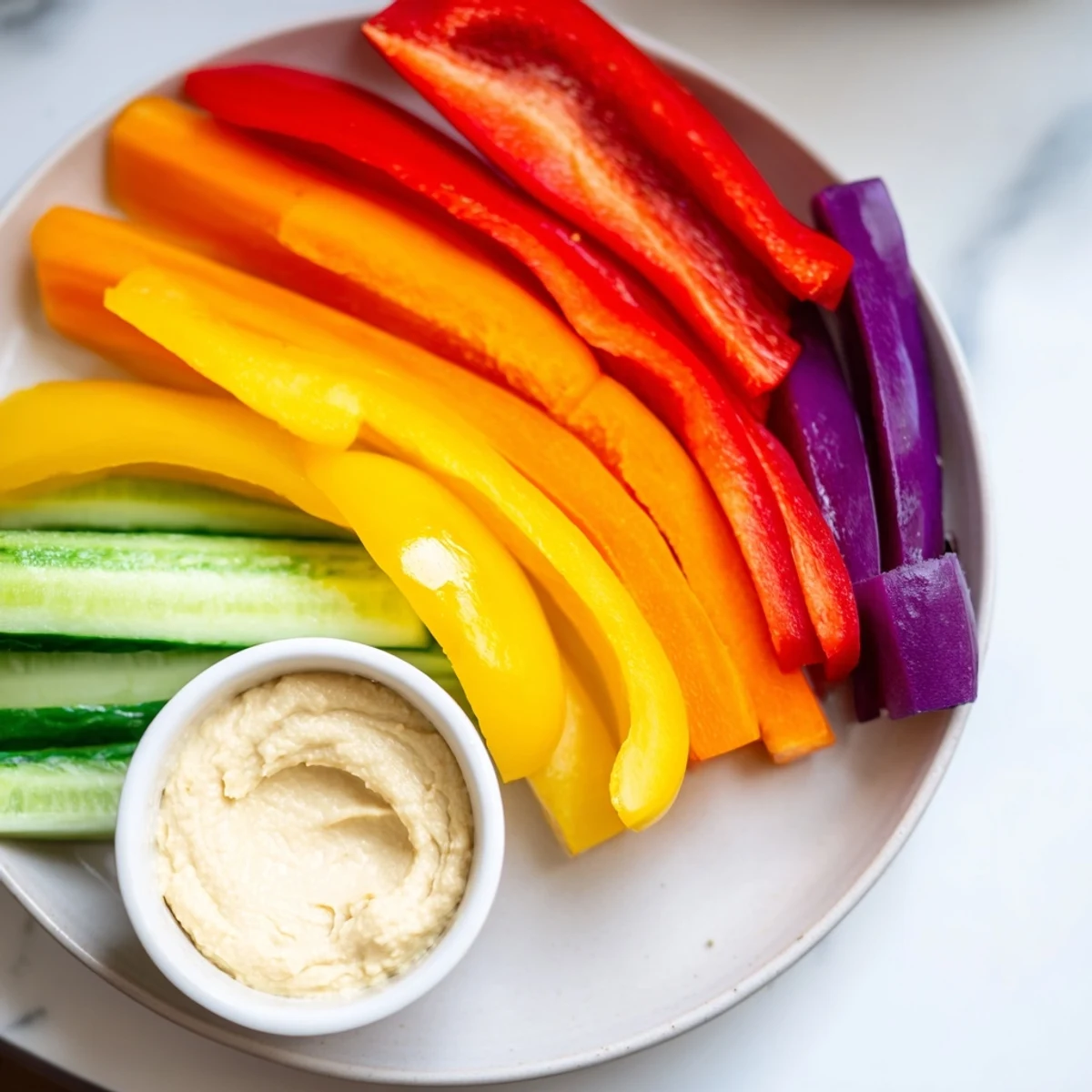 Freshly cut rainbow arch veggie sticks arranged beautifully, ready to enjoy with creamy hummus.