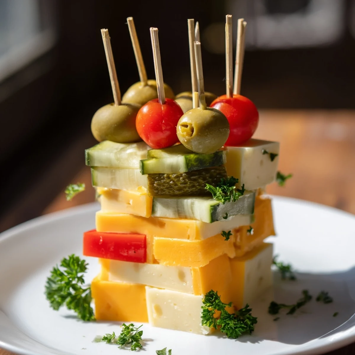 Festive Cube Cheese Stack with vibrant cheese cubes, garnished with cherry tomatoes and olives, ready to enjoy.