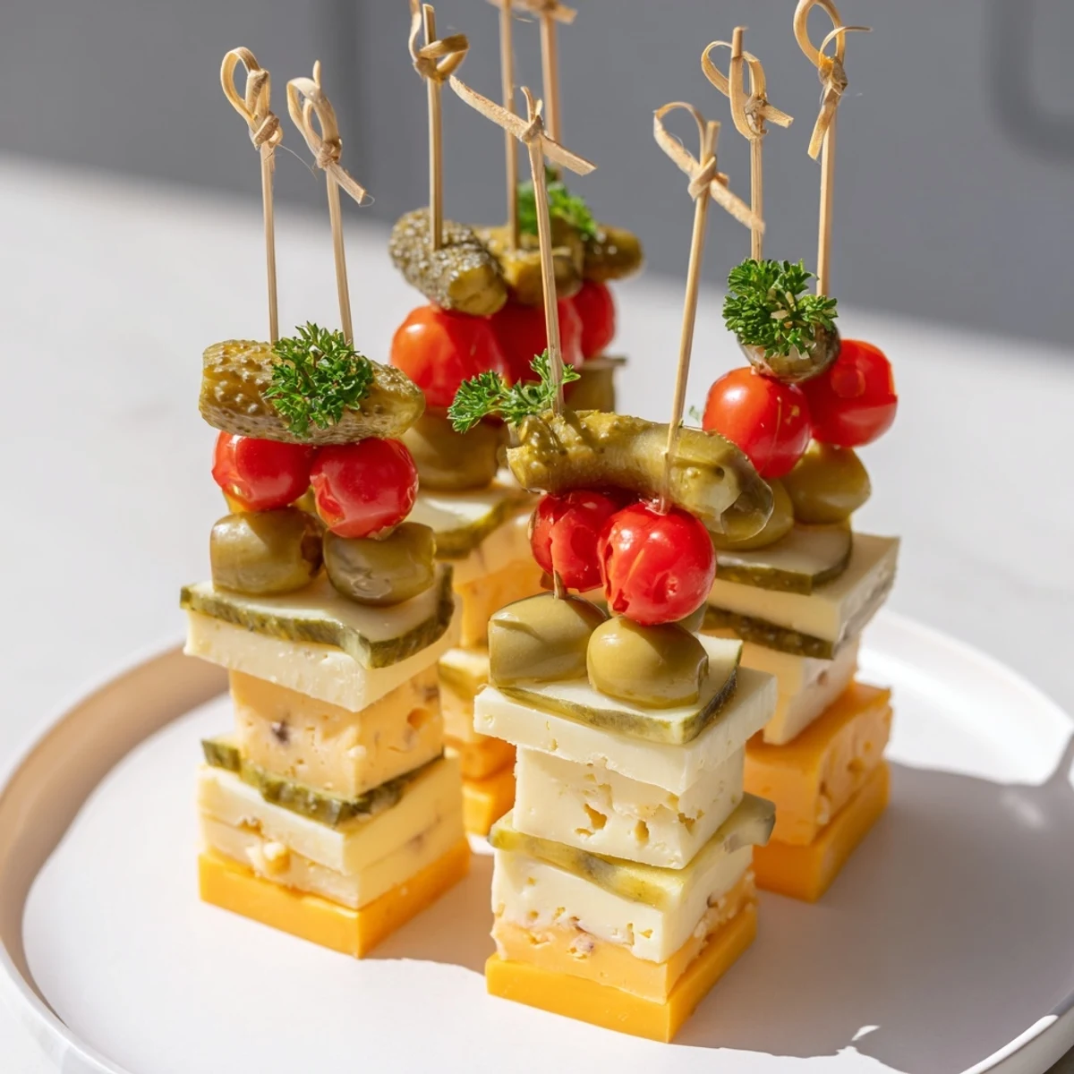 Displaying the easy-to-make Festive Cube Cheese Stack, perfect for a holiday appetizer, with fresh parsley.