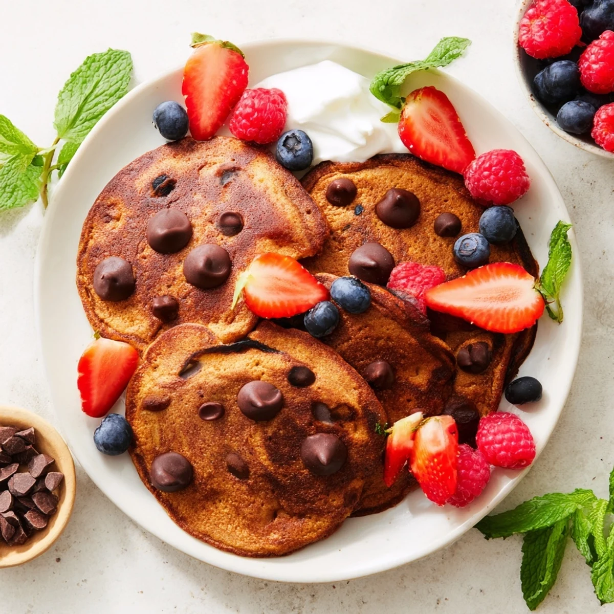 Golden gingerbread boy pancakes and fresh berries arranged on a festive breakfast board, ready to eat.