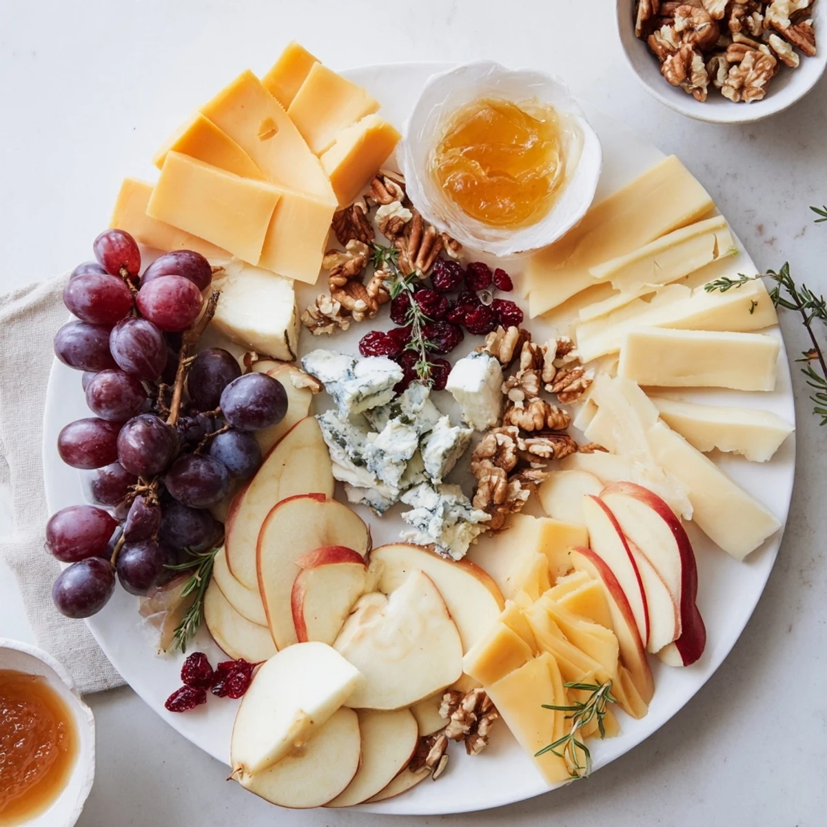 Delicious and aromatic Winter Cabin Cheese Display with fresh herbs, alongside crusty bread, perfect for sharing and flavor.