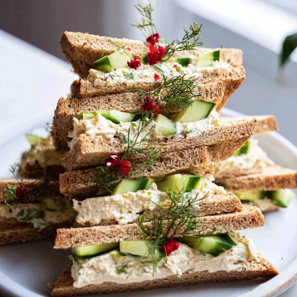Festive Cucumber and Cream Cheese Tree Stacks, layered with creamy cheese, fresh cucumber, and pepper ornaments.