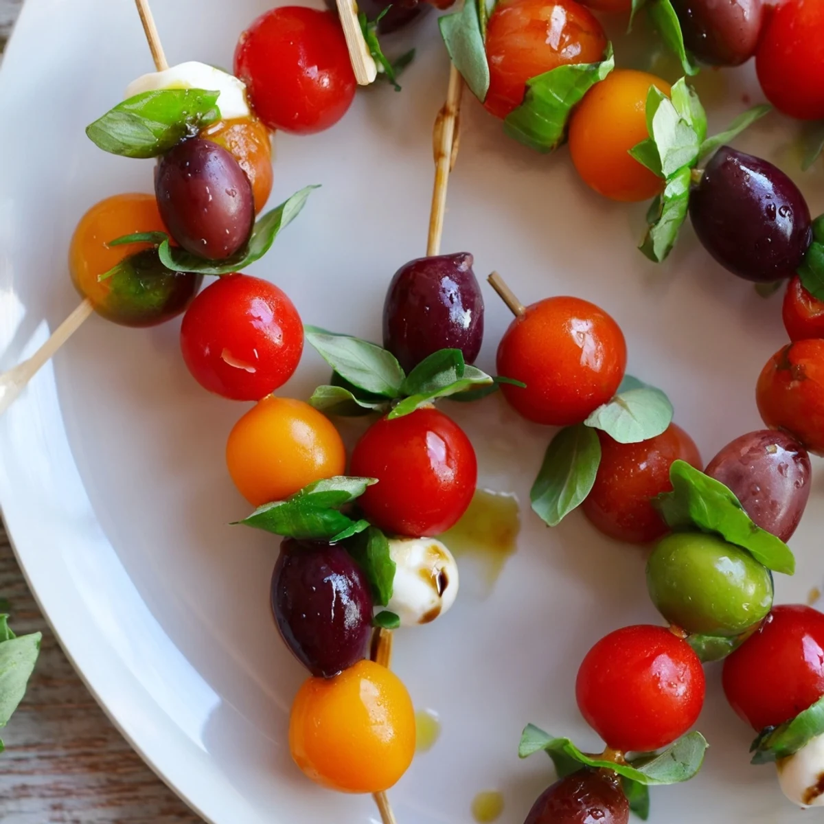 Vibrant Christmas Lights Olive and Tomato Skewers arranged on a platter ready for a party, so delicious.