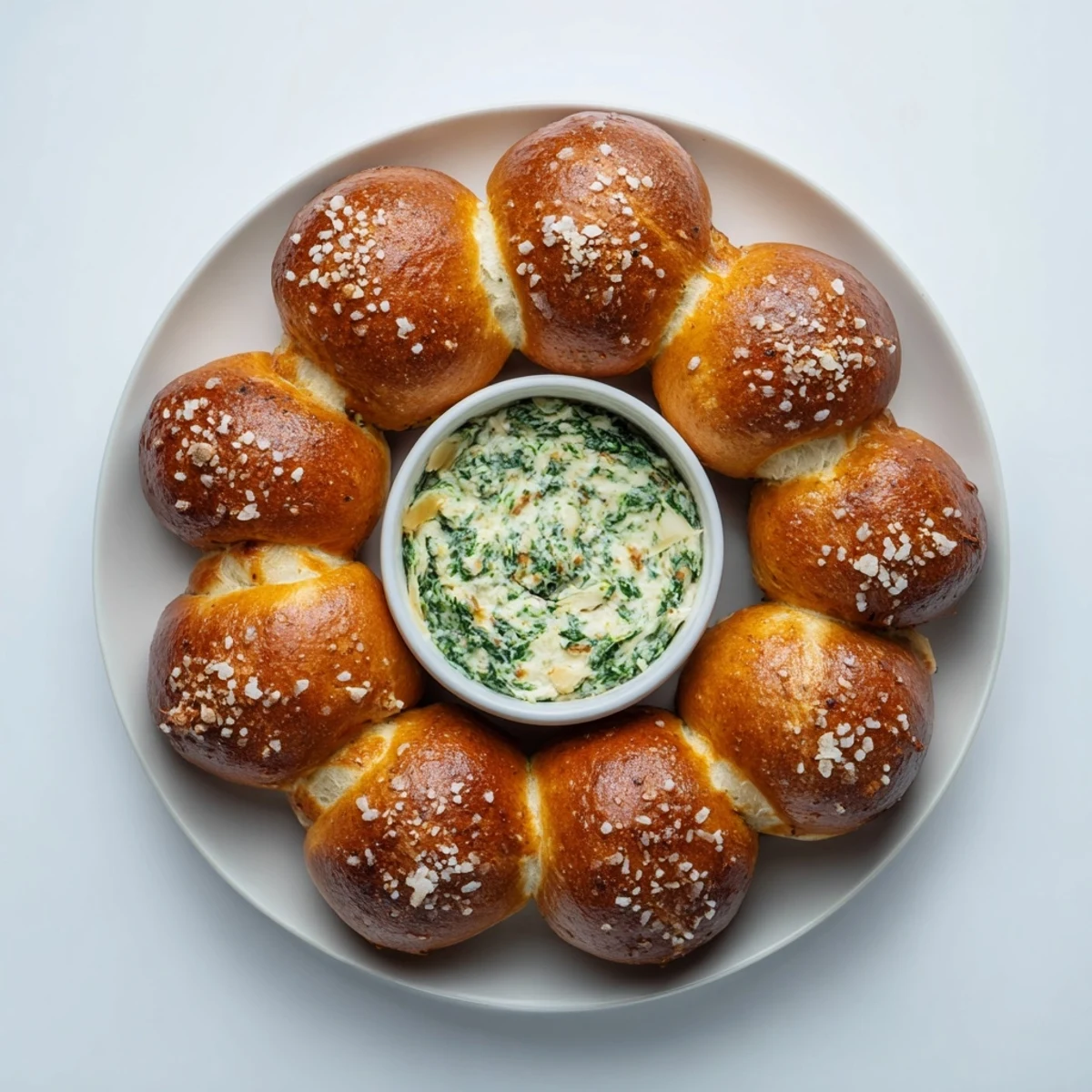 Warm, salty Pretzel Wreath Dip with a cheesy spinach filling, perfect for a party appetizer.