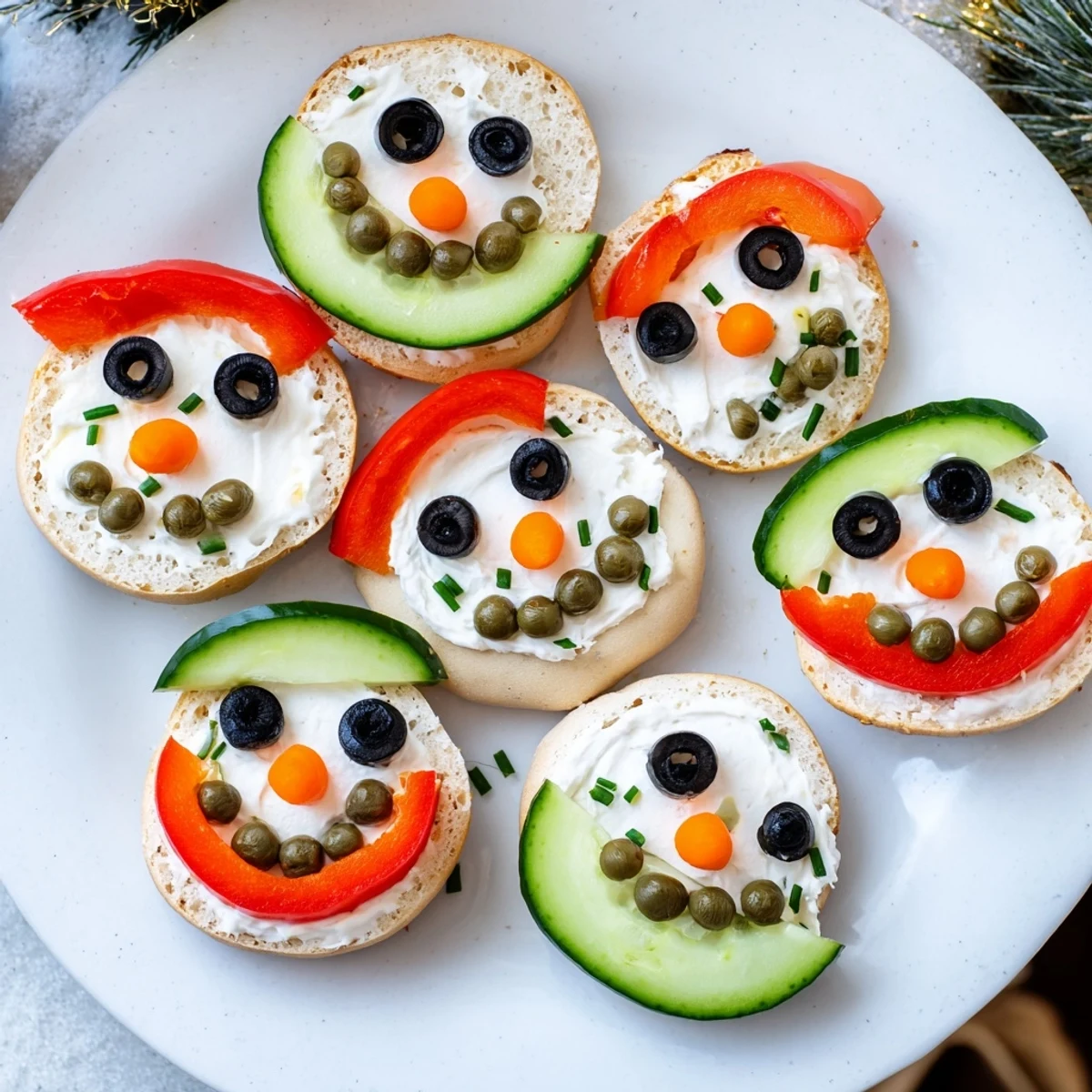 Snowman Mini Bagel Sandwiches: Festive, smiling faces made with cream cheese and veggie decorations, ready to eat.
