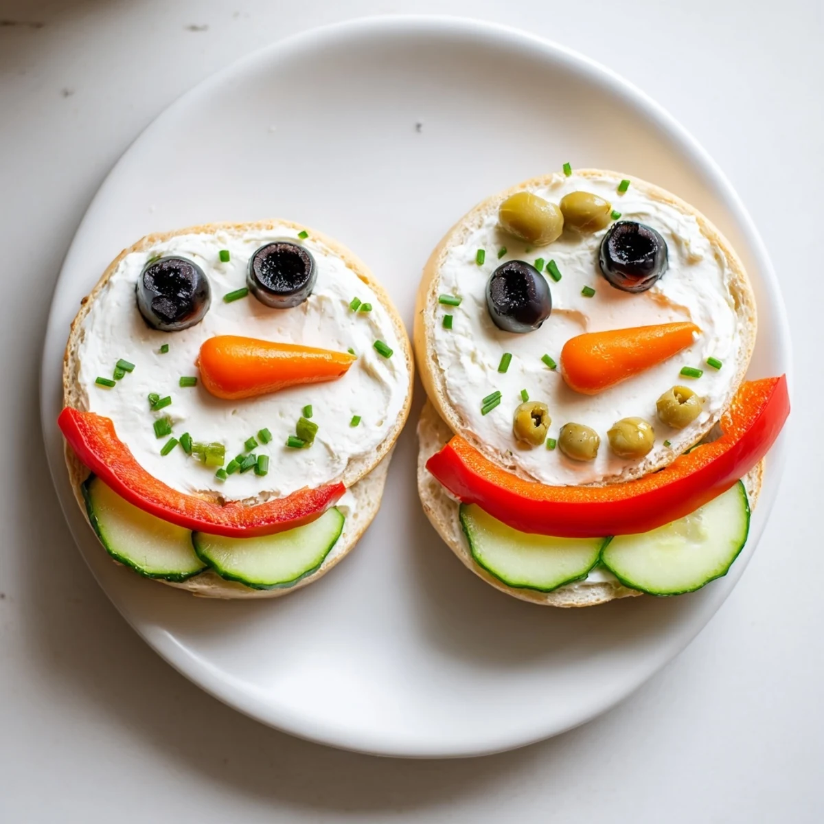 Adorable Snowman Mini Bagel Sandwiches featuring carrot noses and olive eyes, perfect for a cheerful kids' lunch.
