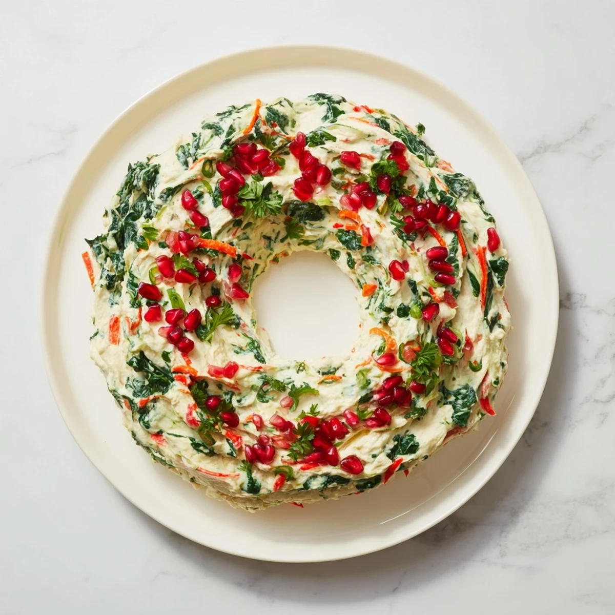 Vibrant red pepper and spinach dip shaped into a festive wreath, perfect with crackers, for your appetizer spread.