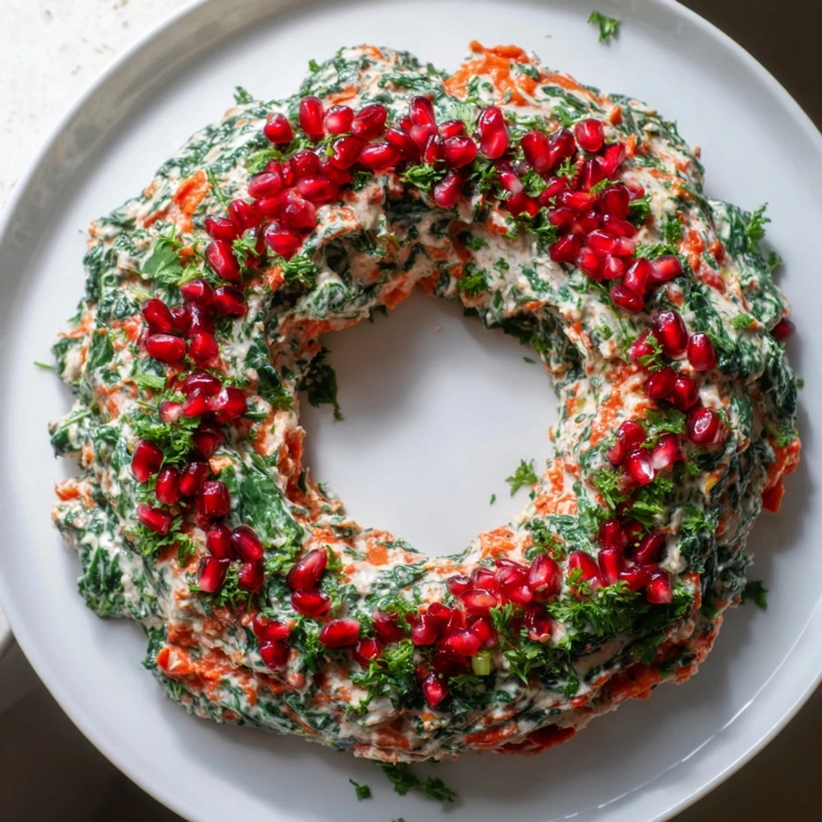 Creamy Red Pepper and Spinach Dip Wreath, garnished with parsley, ready for crackers at a holiday gathering.