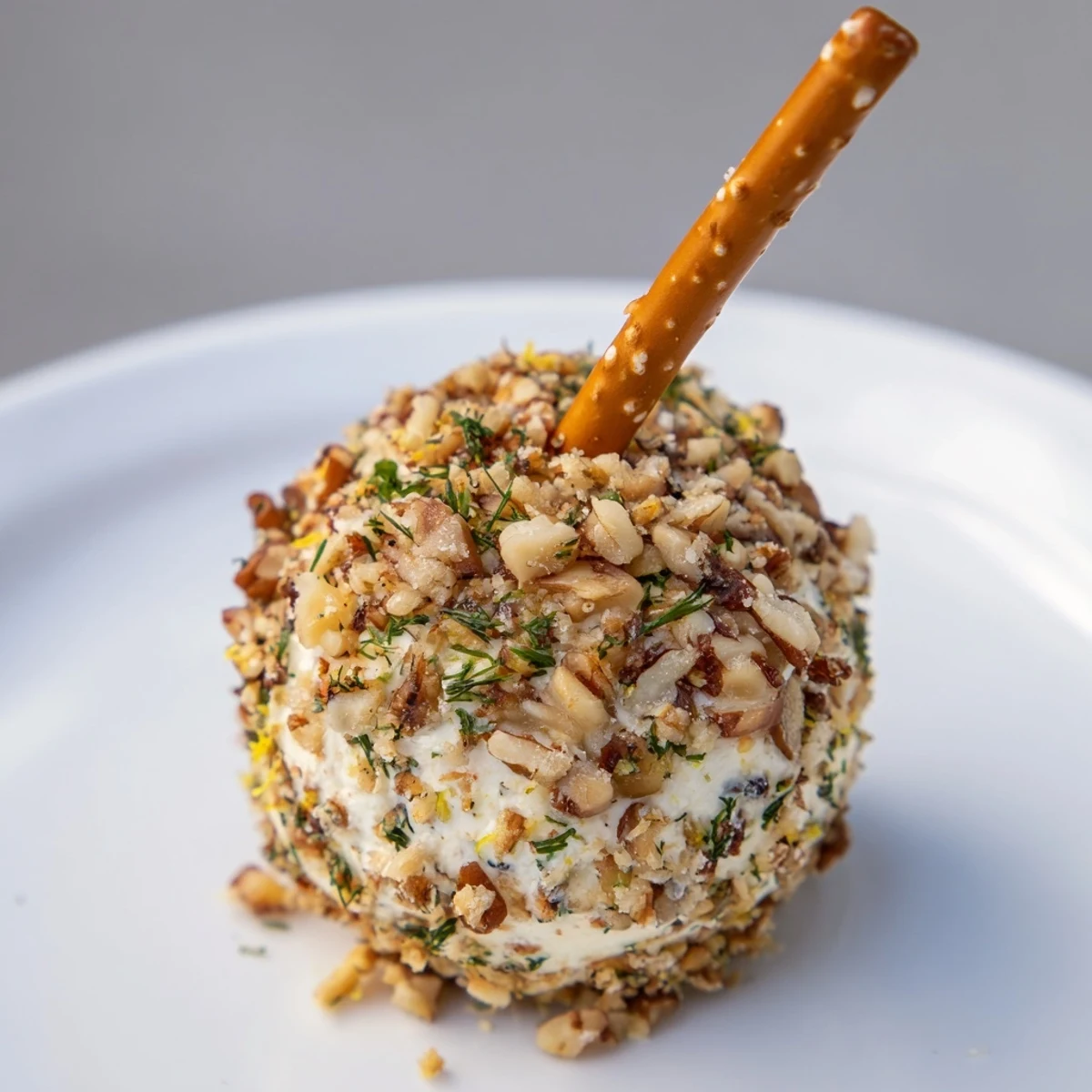 Close-up of creamy Champagne Cork Cheese Balls, with a pretzel "cork" stem included.
