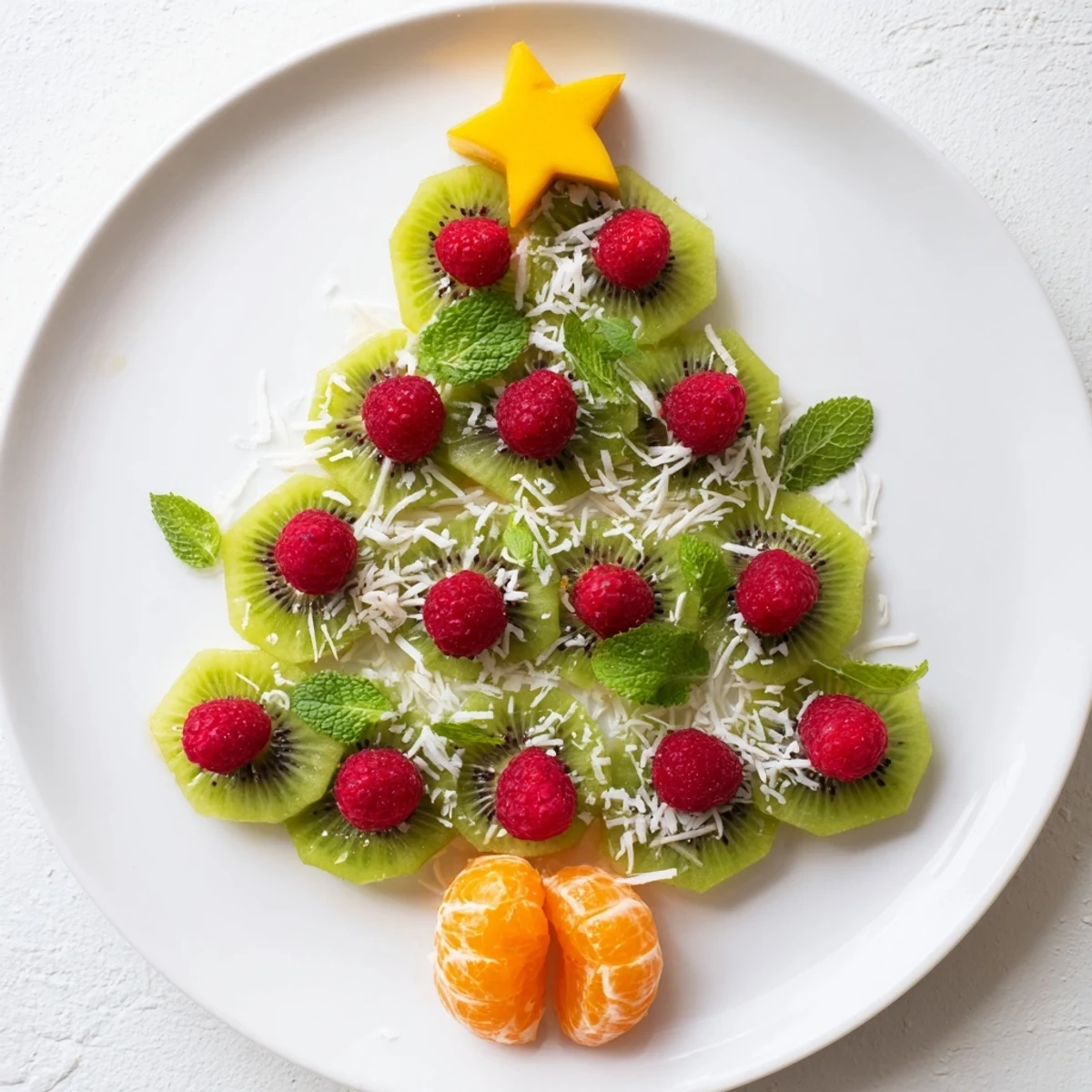 Vibrant Kiwi and Raspberry Christmas Tree Fruit Plate displays a healthy, refreshing holiday appetizer with red and green hues.