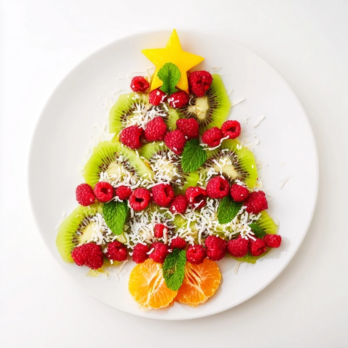 A festive Kiwi and Raspberry Christmas Tree Fruit Plate, perfect for a party, showcases sweet, juicy fruit beautifully arranged.