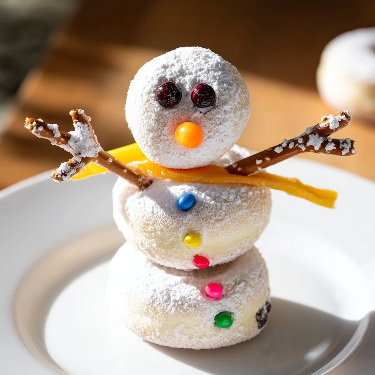 A close-up of finished mini donut snowmen, a festive and sweet holiday treat on skewers.