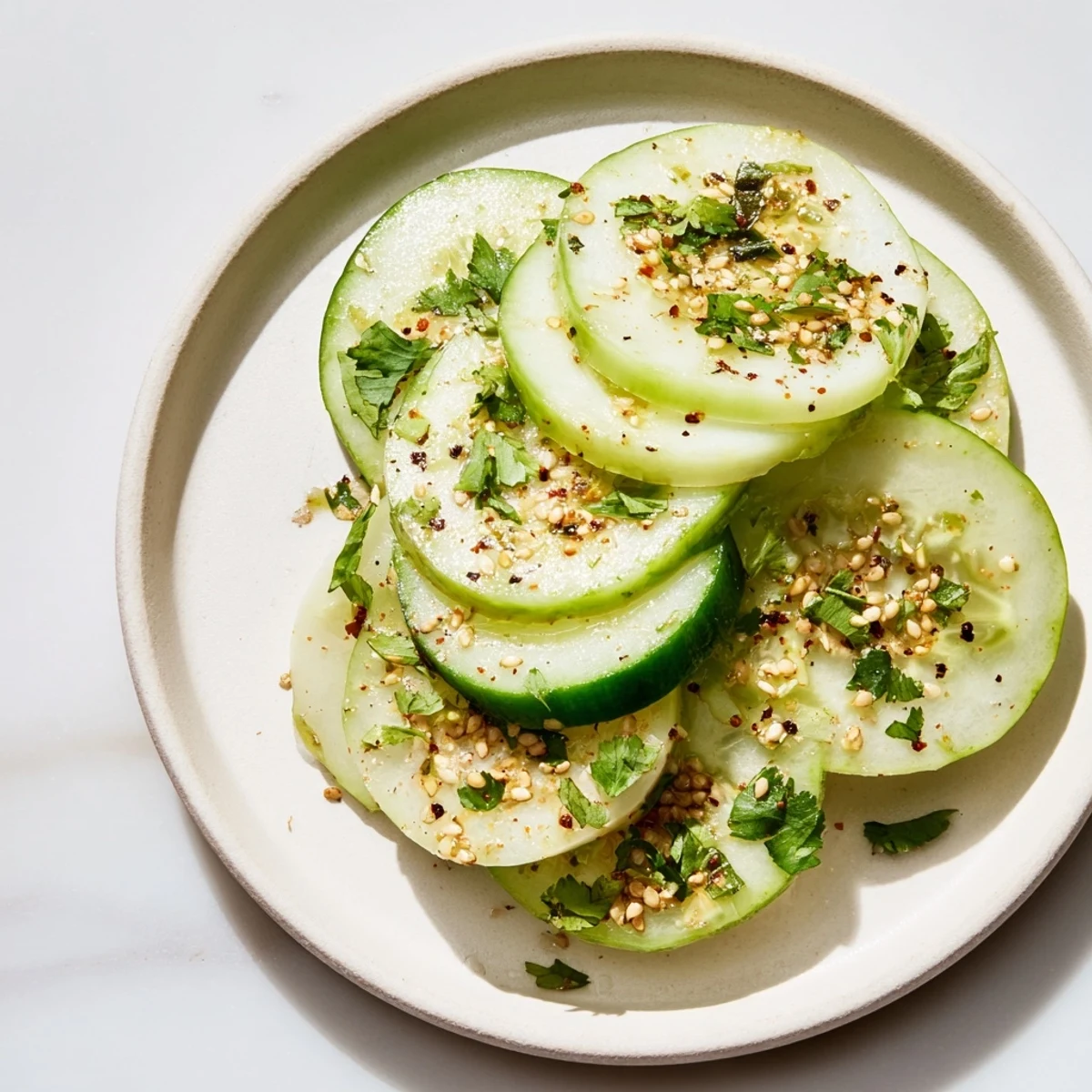 Crisp jicama and cucumber slice stacks drizzled with zesty lime-chili dressing for a refreshing bite.