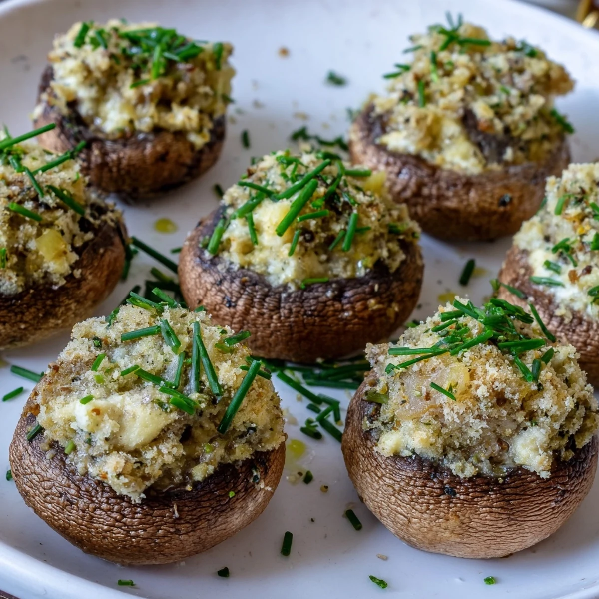 Golden brown Stuffed Mushroom Caps arranged in a delicious ring, ready for your appetizer table.
